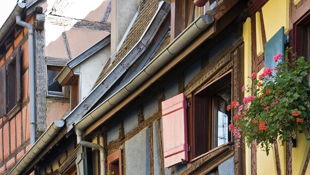 Ein traditionelles Fachwerkhäuschen mit mehreren Fenstern, einige mit Fensterläden, und einer Vielfalt an Blumentöpfen und Blumen.