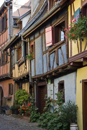 Ein traditionelles Fachwerkhäuschen mit mehreren Fenstern, einige mit Fensterläden, und einer Vielfalt an Blumentöpfen und Blumen.