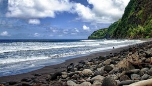 Una spiaggia rocciosa con onde, cielo sereno e un pendio verde.
