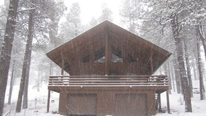 Eine Holzhütte mit Balkon, umgeben von schneebedeckten Bäumen.