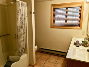 Combined shower/tub, hair dryer, towels, soap