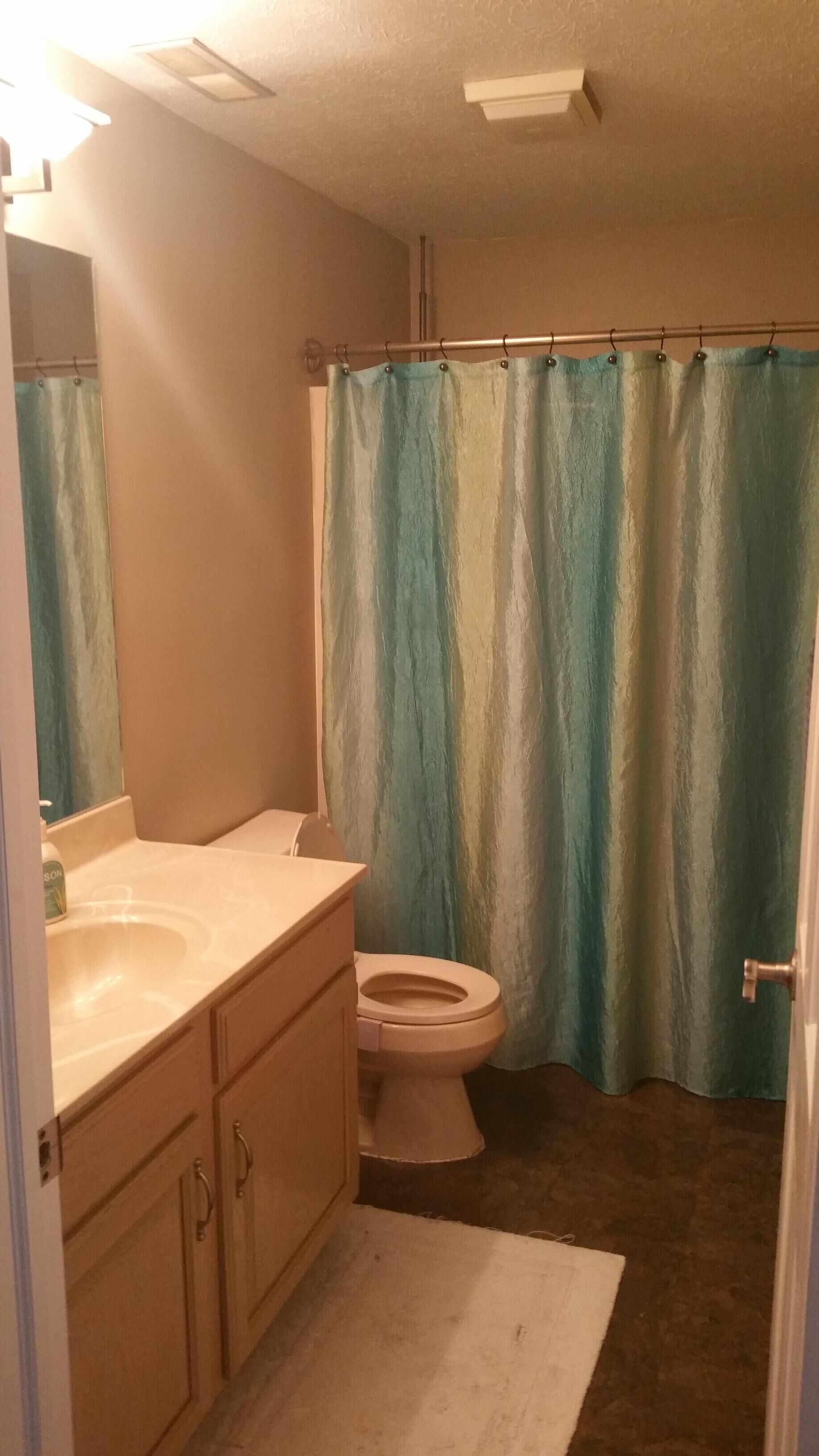 Een badkamer met een toilet, een wastafel en een douchegordijn.