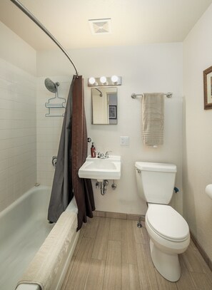 シャワー付き浴槽、ヘアドライヤー、タオル