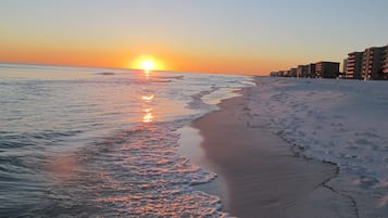 On the beach, sun loungers