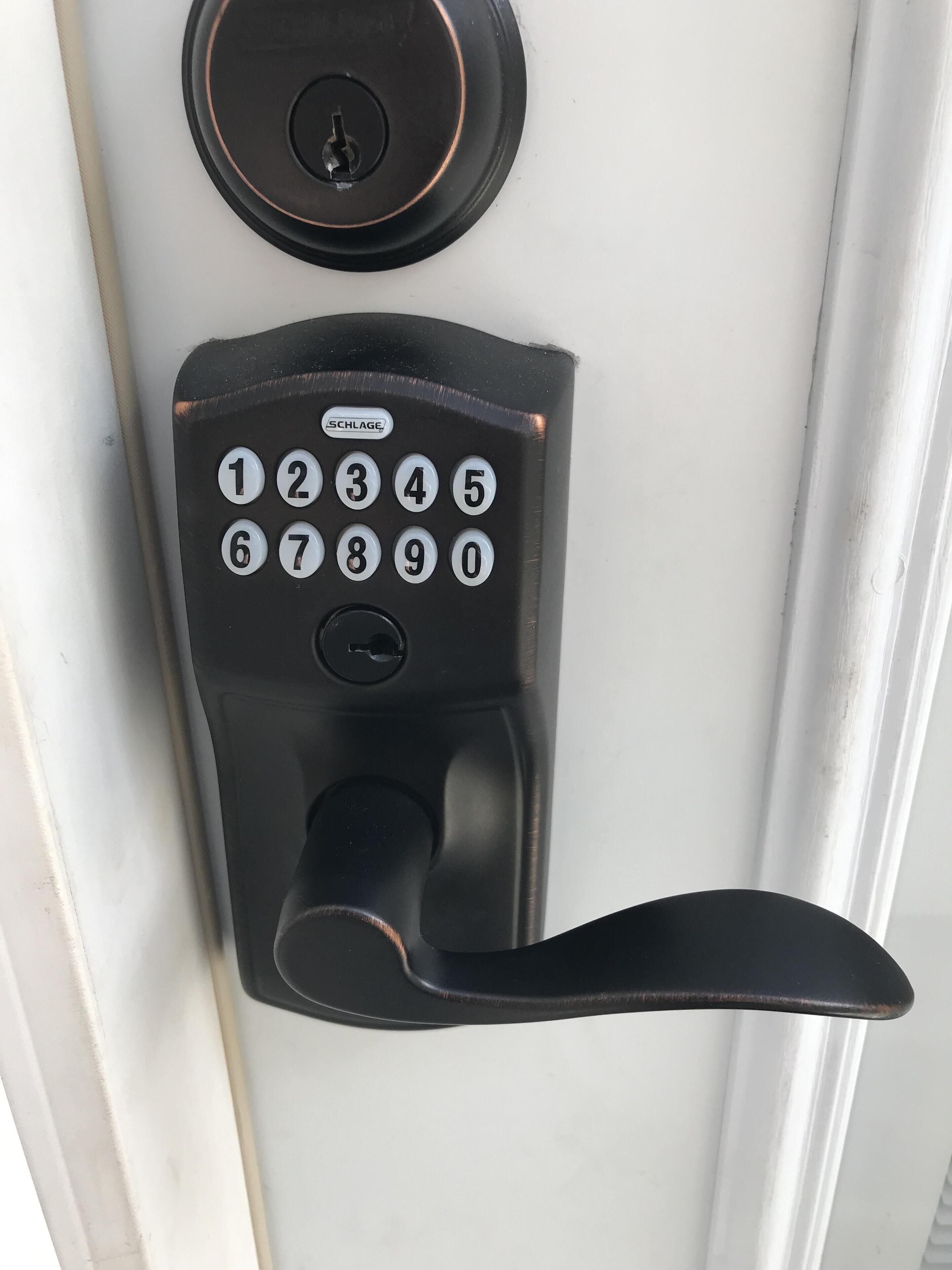 A door lock with a numeric keypad and a keyhole.
