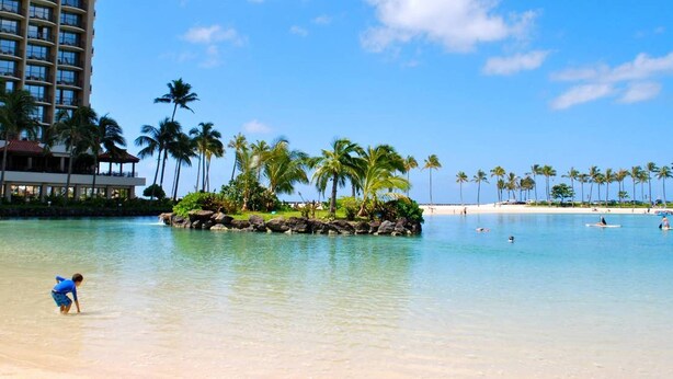 A beachfront hotel with a pool, palm trees, and a sandy beach. - Unobstructed Ocean View Suite. Don't miss out on the last-minute special rate! (Honolulu)