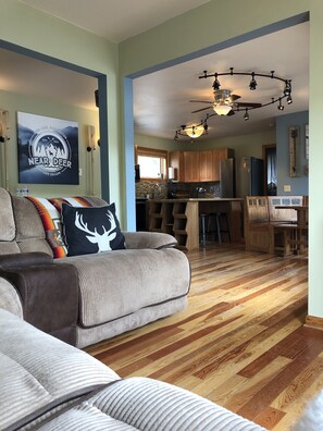 Flat-screen TV, fireplace, books, music library