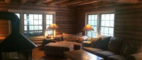 Televisie, een open haard, videospelletjes en een dvd-speler