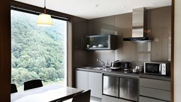 Fridge, microwave, electric kettle, rice cooker