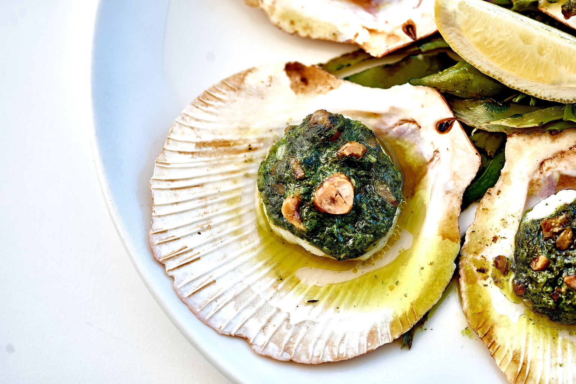 A plate with scallops topped with a green herb sauce and mushrooms.