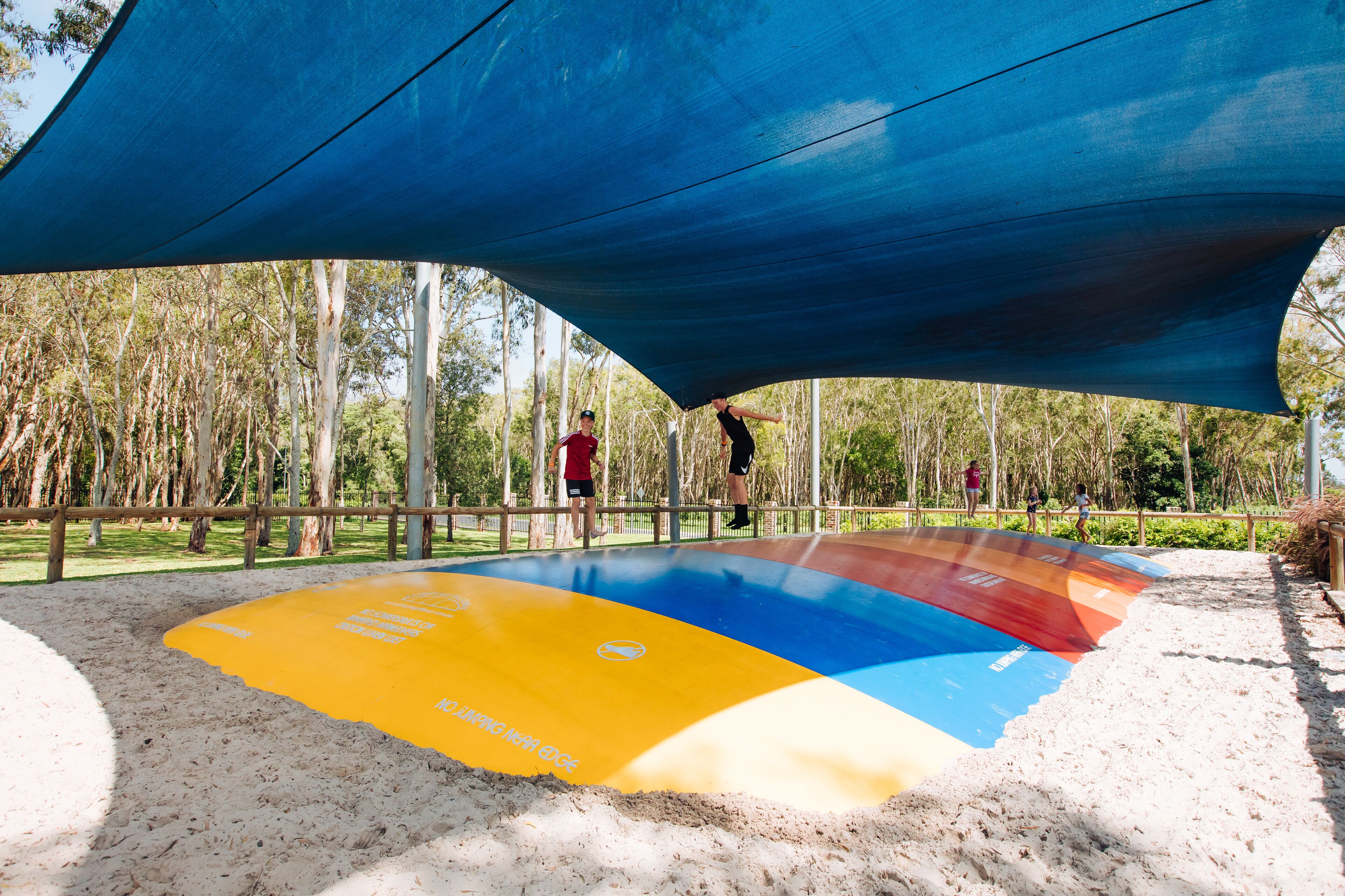 A shaded outdoor area with a colorful surface, surrounded by trees.