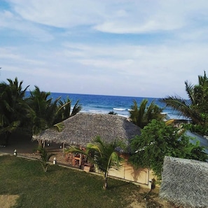 Une propriété située en bord de mer, dotée d’une structure à toit de chaume, de palmiers et offrant une vue sur l’océan.