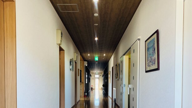 A long, polished wooden hallway with doors on both sides, recessed lighting, and a framed picture on the right wall. - villageBFH - Hostel (Omura)
