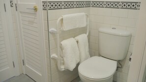 Casa de banho com sanita, porta-toalhas e porta.