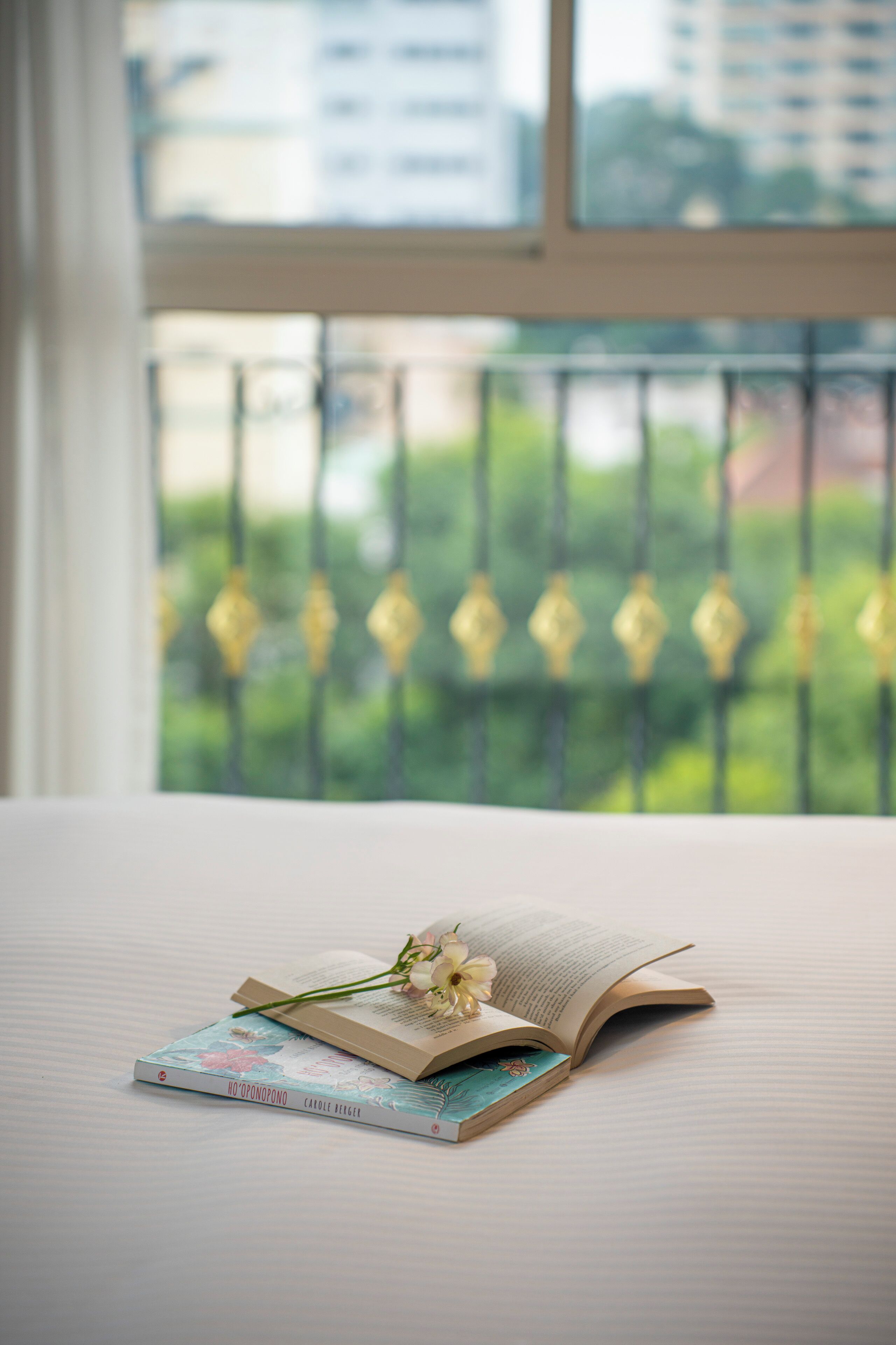 A bed with an open book and a flower, a window with a view of greenery and buildings, and a railing with decorative lights.