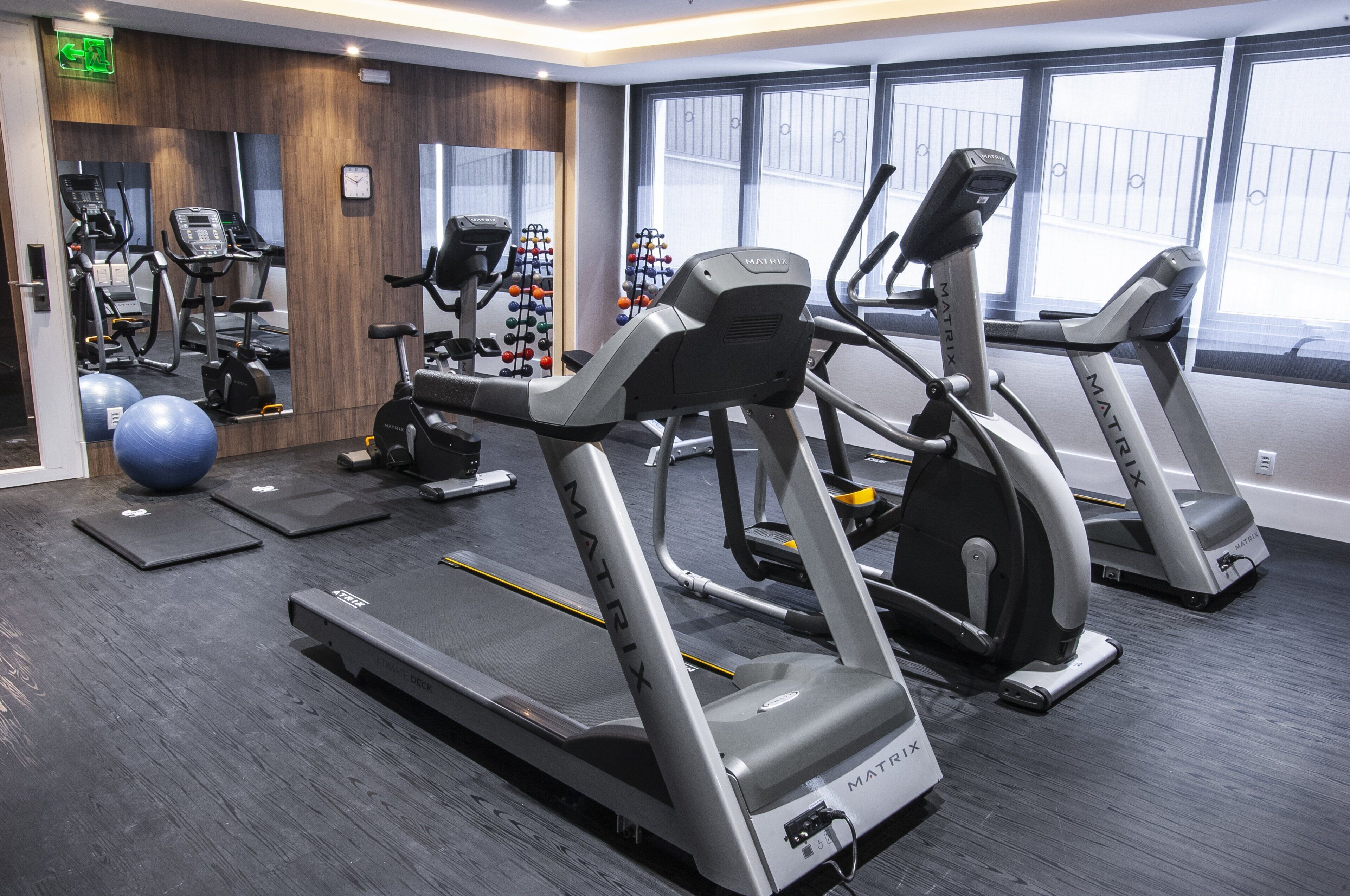 Un gimnasio con cintas de correr, pelotas de ejercicio y máquinas de pesas.
