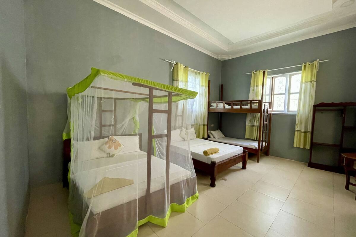 A room with two beds, one with a canopy and one with a bunk.