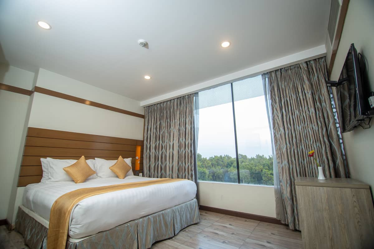 A hotel room with a large bed, a wooden headboard, a TV on a wooden stand, and a window with curtains.