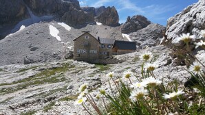 A stone building with multiple windows, surrounded by rocky terrain and snow patches. - Rifugio Mulaz (Falcade)