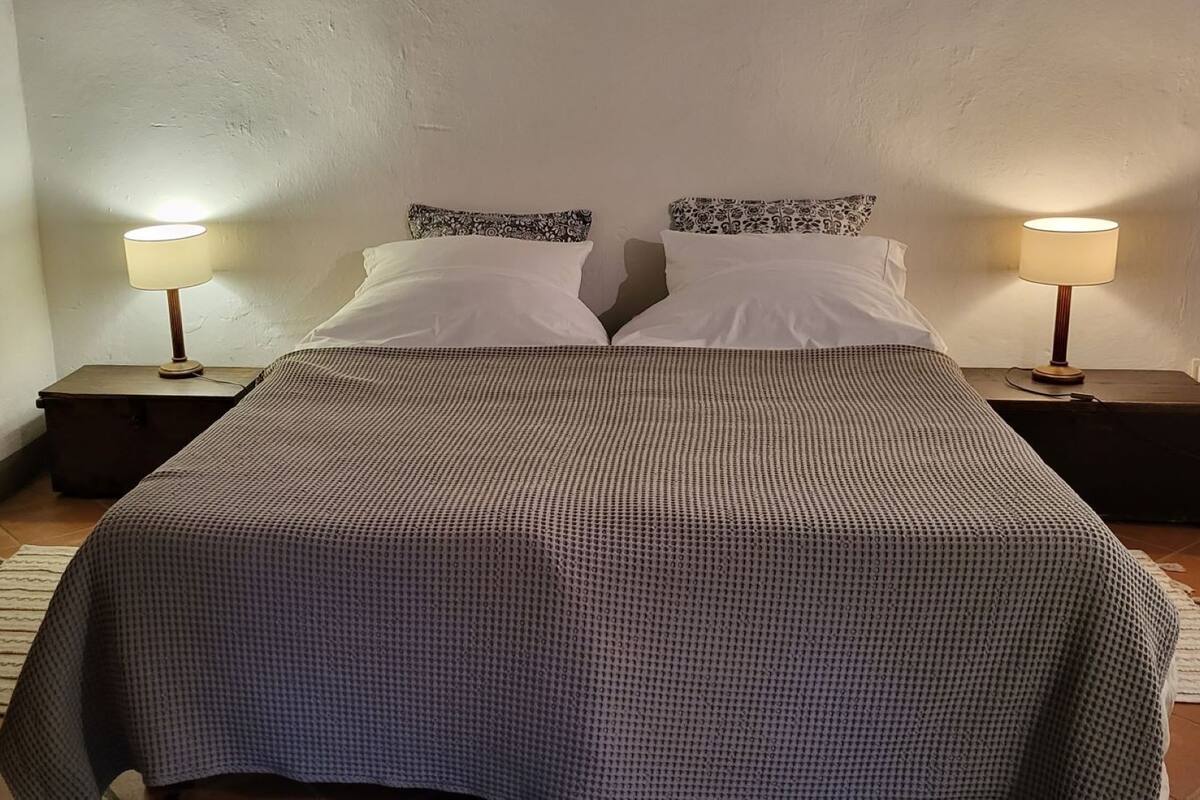 A neatly made bed with a checkered bedspread, two bedside lamps, and a wooden nightstand on each side.