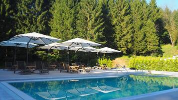 Seasonal outdoor pool, open 8:00 AM to 8:00 PM, pool umbrellas