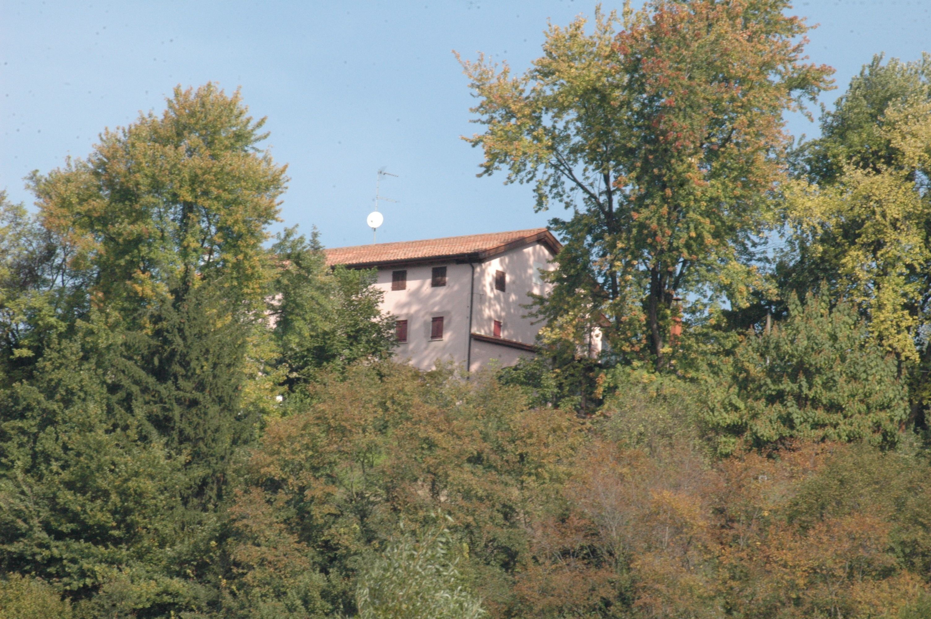 A building surrounded by trees with a clear sky and a moon in the background.