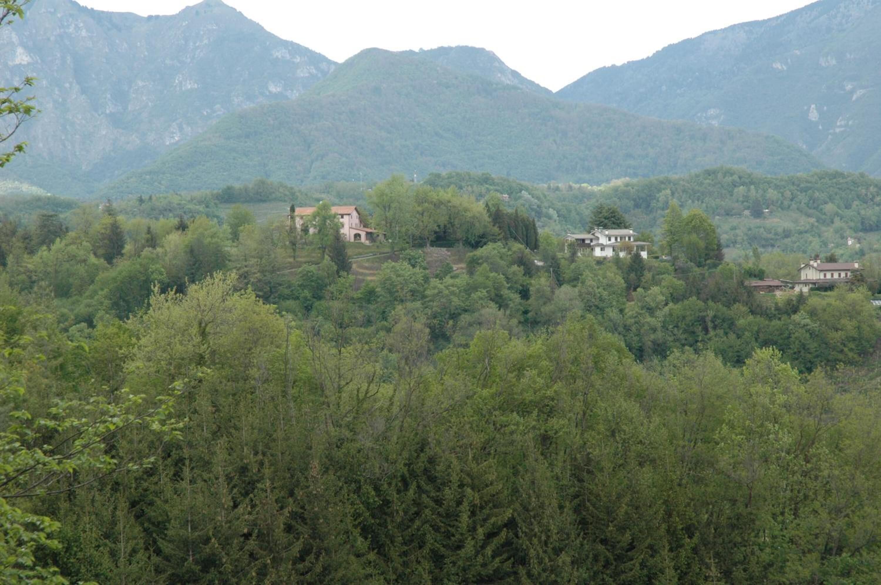 Un paisaje montañoso con varios edificios ubicados entre densos bosques.