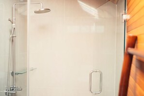 Habitación doble Deluxe, vista a la alberca | Regadera en el baño