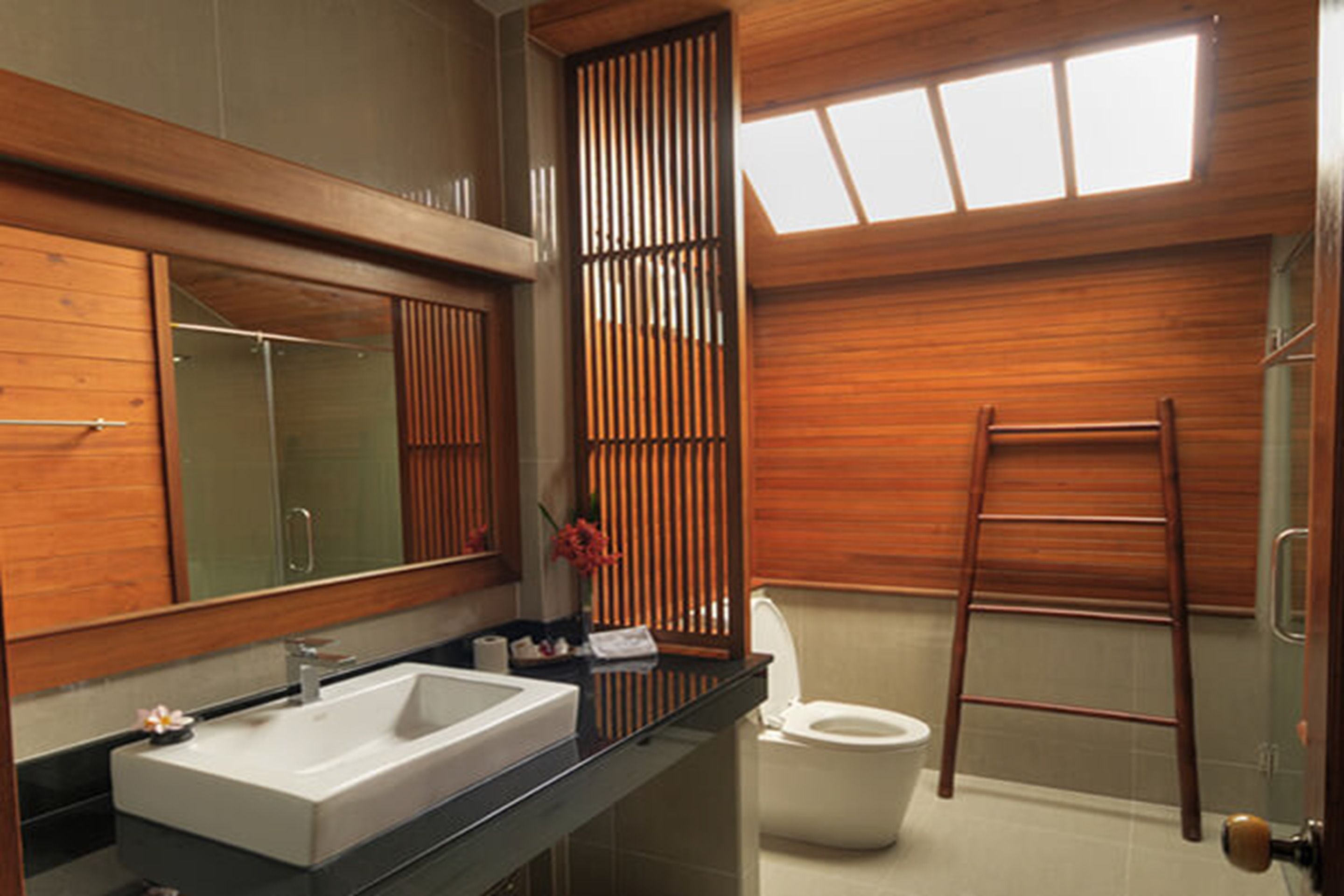 Un baño con tocador de madera, un espejo grande, un lavabo, un inodoro y una escalera.