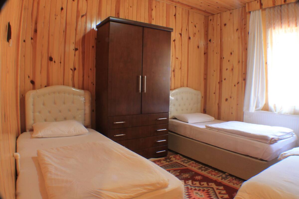Un dormitorio con dos camas, un armario y una ventana con cortinas.