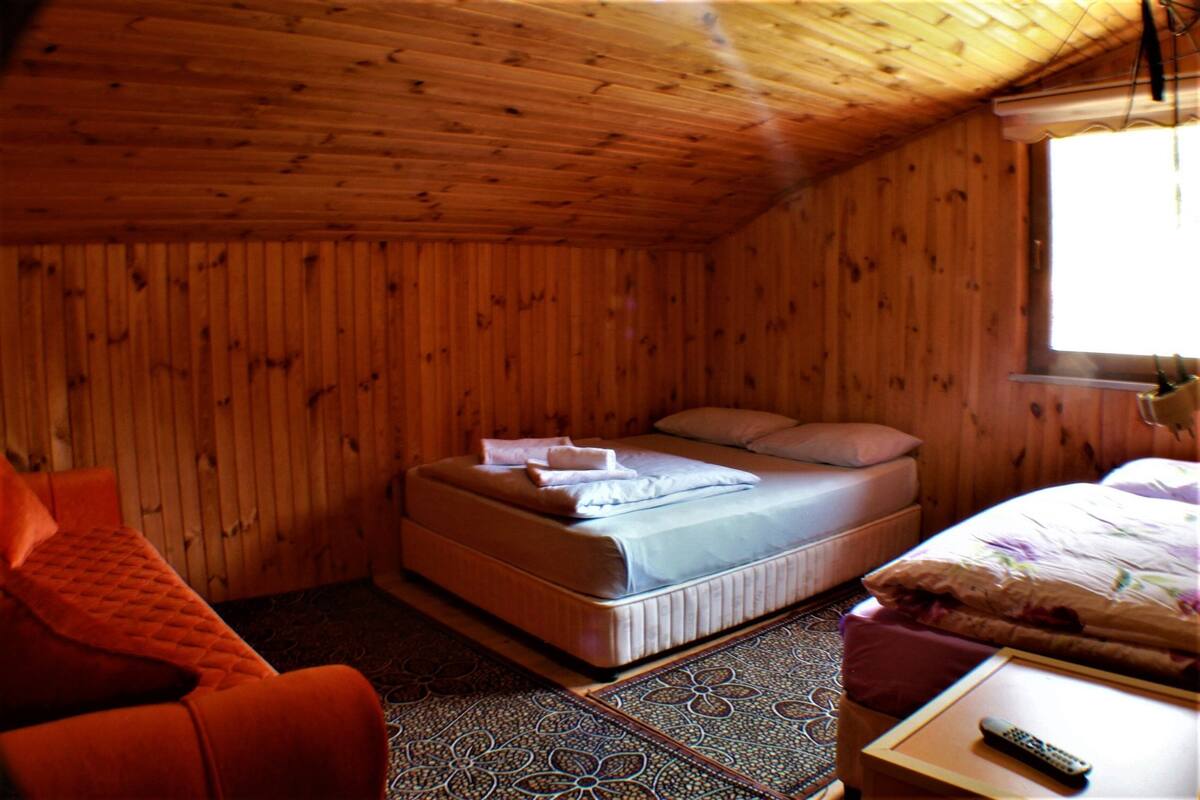 Una habitación tipo cabaña de madera con una cama, un sofá y una mesita con un control remoto.