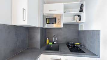 Fridge, microwave, stovetop, espresso maker