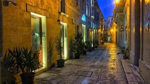 Uma rua de paralelepípedos estreita com edifícios de ambos os lados, plantas em vasos e uma placa indicando um hotel.