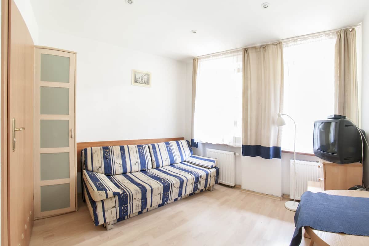 Een kamer met een bank, een televisie, een radiator en een raam met gordijnen.