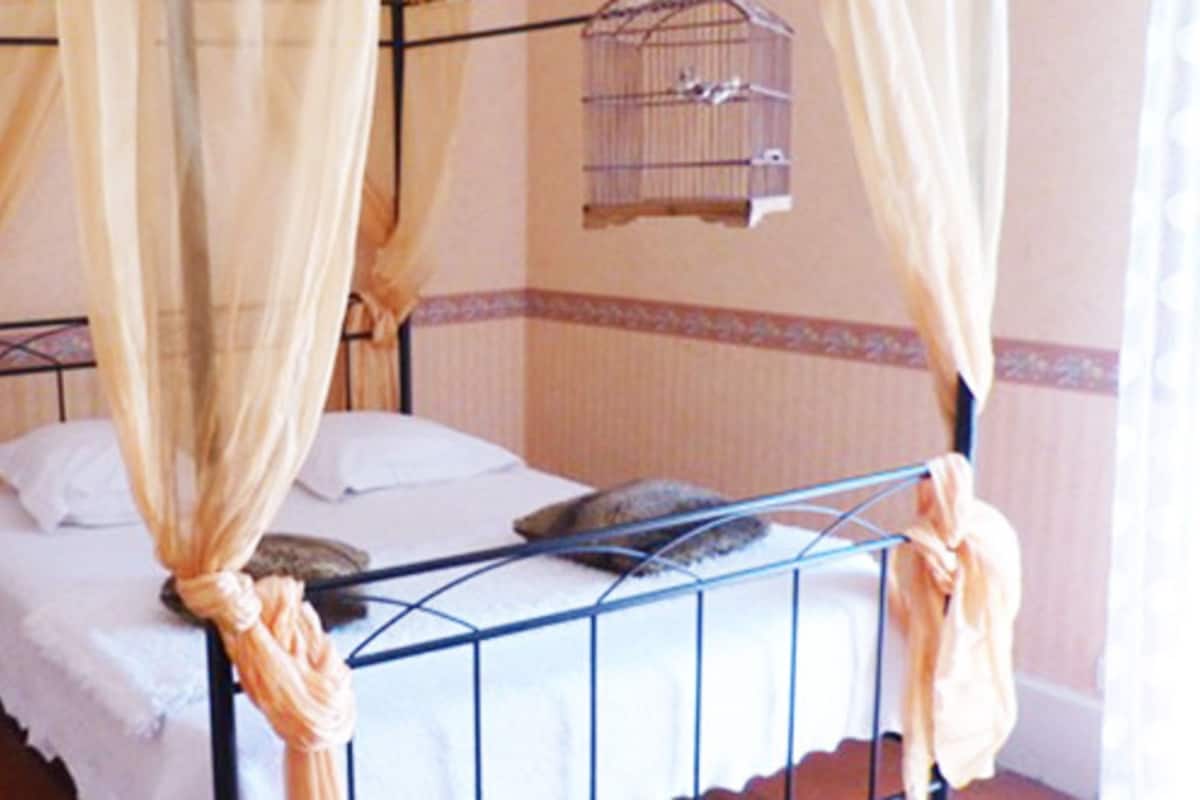 Un dormitorio con una cama, una jaula de pájaros colgante y una mesita de noche con una lámpara.