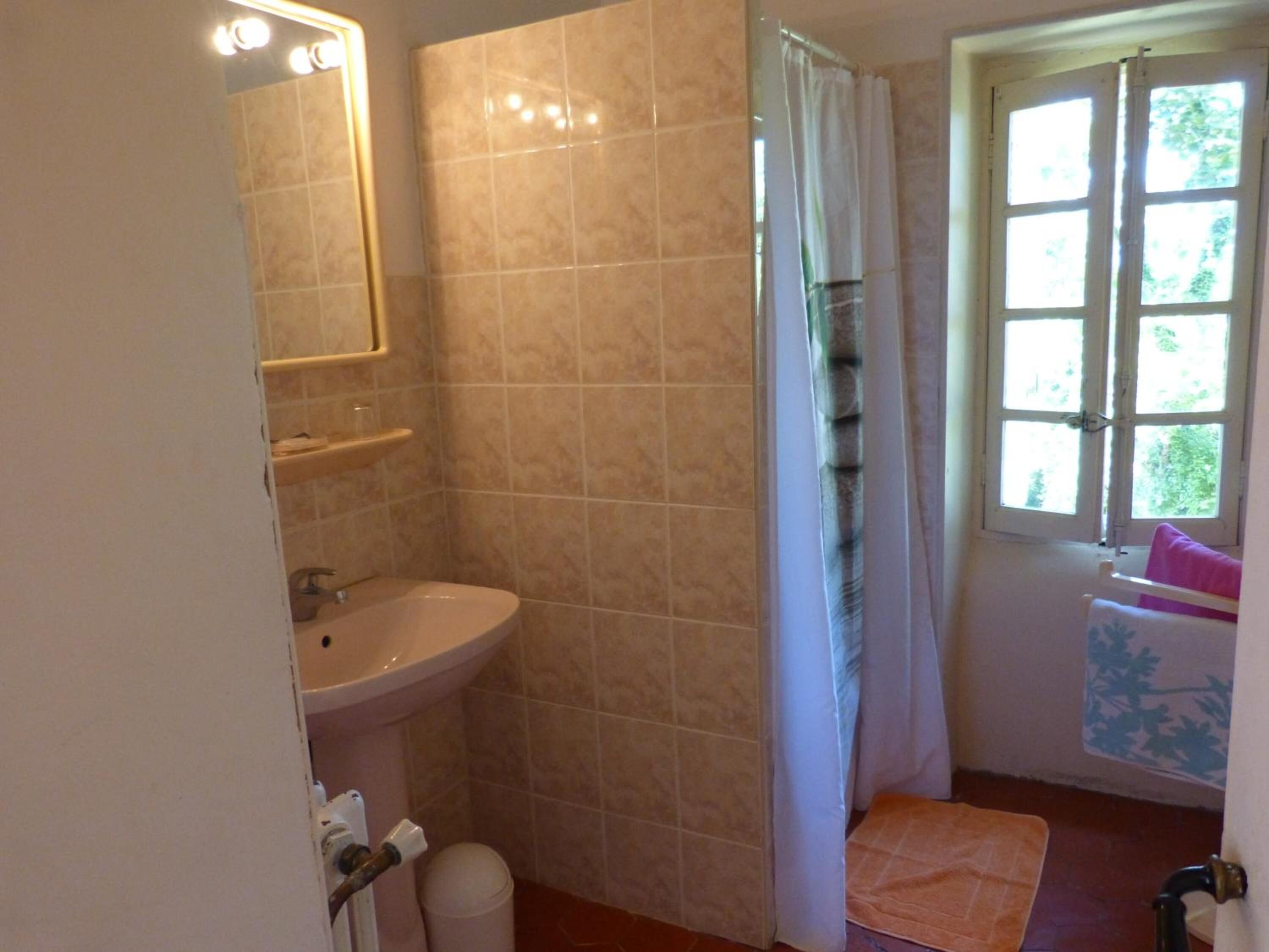 A bathroom with a sink, mirror, and shower area.