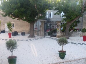 A courtyard with a large tree, potted plants, and a building with a gated entrance.