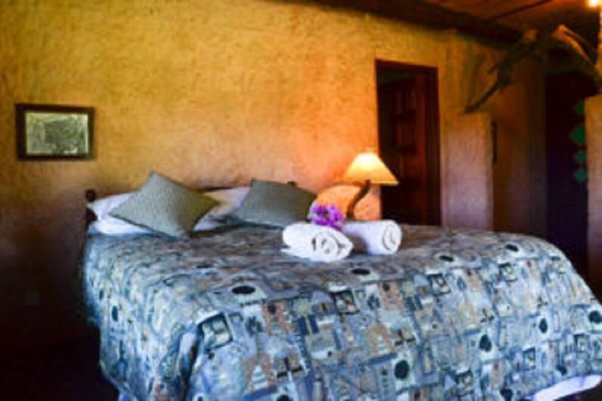 A bed with a patterned bedspread, pillows, and a rolled towel.