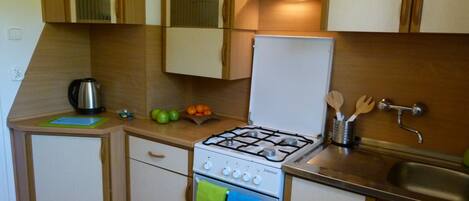 Apartment | Private kitchen | Fridge, oven, stovetop, electric kettle
