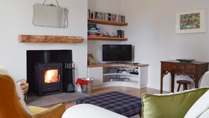 A cozy living room with a fireplace, a television, bookshelves, and a painting on the wall. - Brae Cottage (Crieff)
