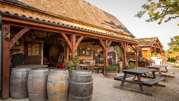 Un espace extérieur aménagé dans un style rustique, avec des tables et des bancs en bois, entouré de grands tonneaux en bois.