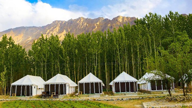 A row of white tents with a mountainous backdrop. - Ladakh Tarrain Camp (Leh)