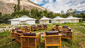 A group of yurts with a grassy area in front, wooden chairs, and a mountainous backdrop. - Ladakh Tarrain Camp (Leh)