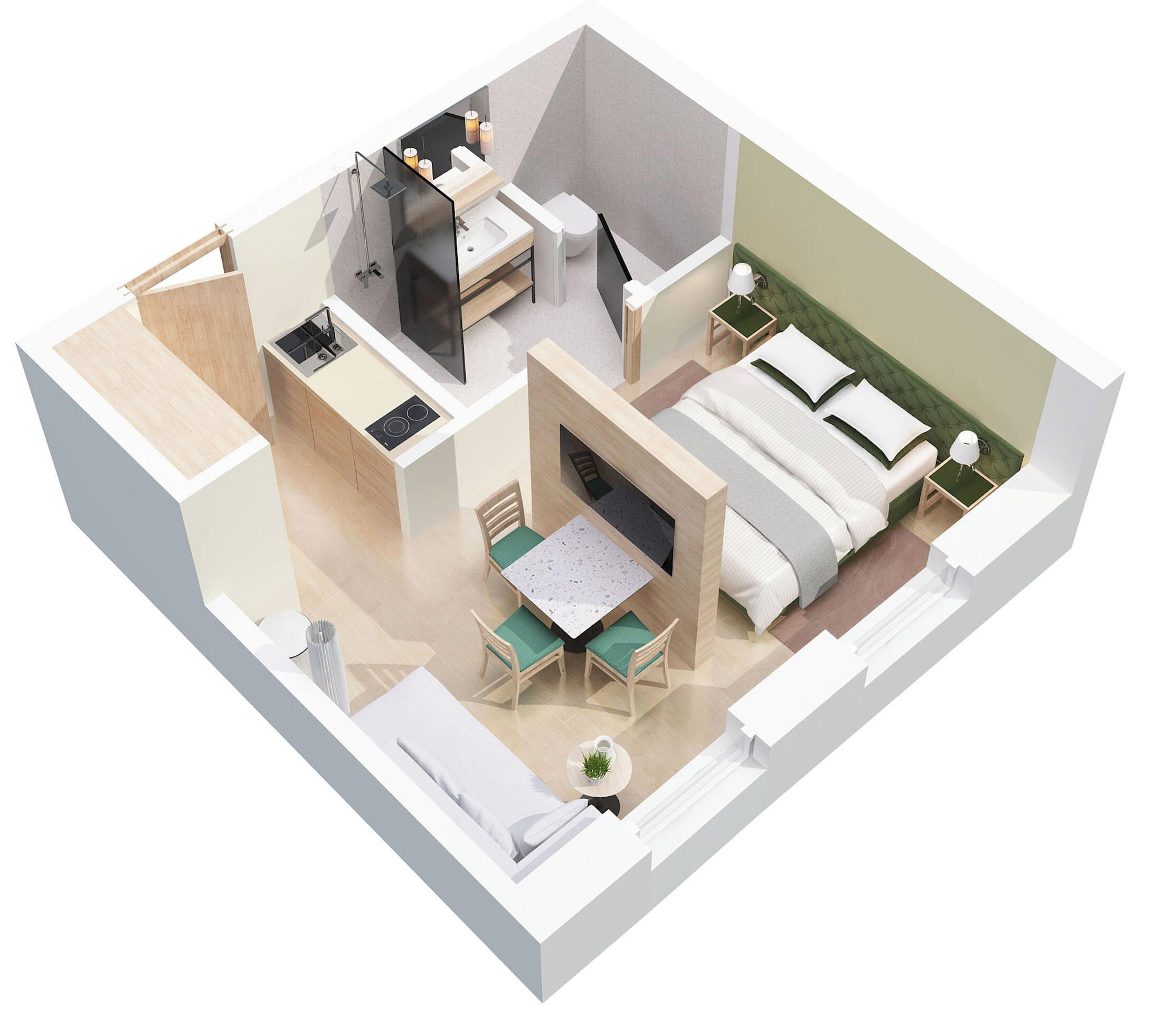 A 3D model of a compact hotel room with a kitchenette, a bed, a sitting area with a table and chairs, and a small bathroom.