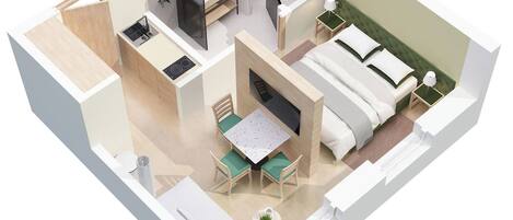 A 3D model of a compact hotel room with a kitchenette, a bed, a sitting area with a table and chairs, and a small bathroom.