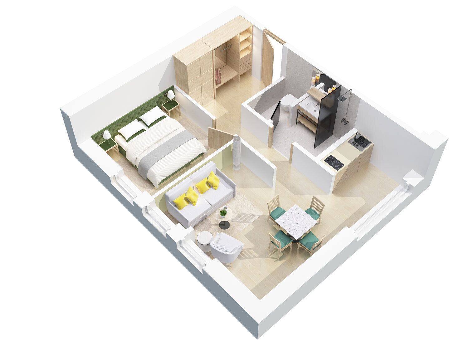 A modern apartment layout with a bedroom, living area, kitchen, and bathroom.