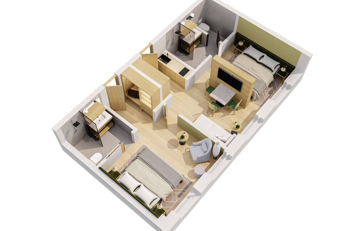 Modernin hotellihuoneen 3D-malli, jossa on sänky, oleskelualue pöydällä ja tuoleilla, kylpyhuone ja pieni keittiö.