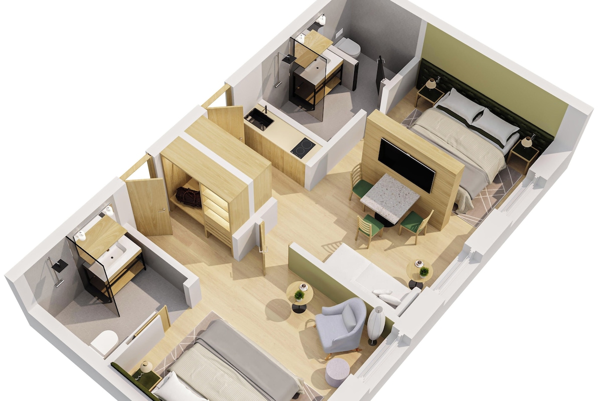 Een driedimensionaal model van een moderne hotelkamer met een bed, een zithoek met een tafel en stoelen, een badkamer en een kitchenette.