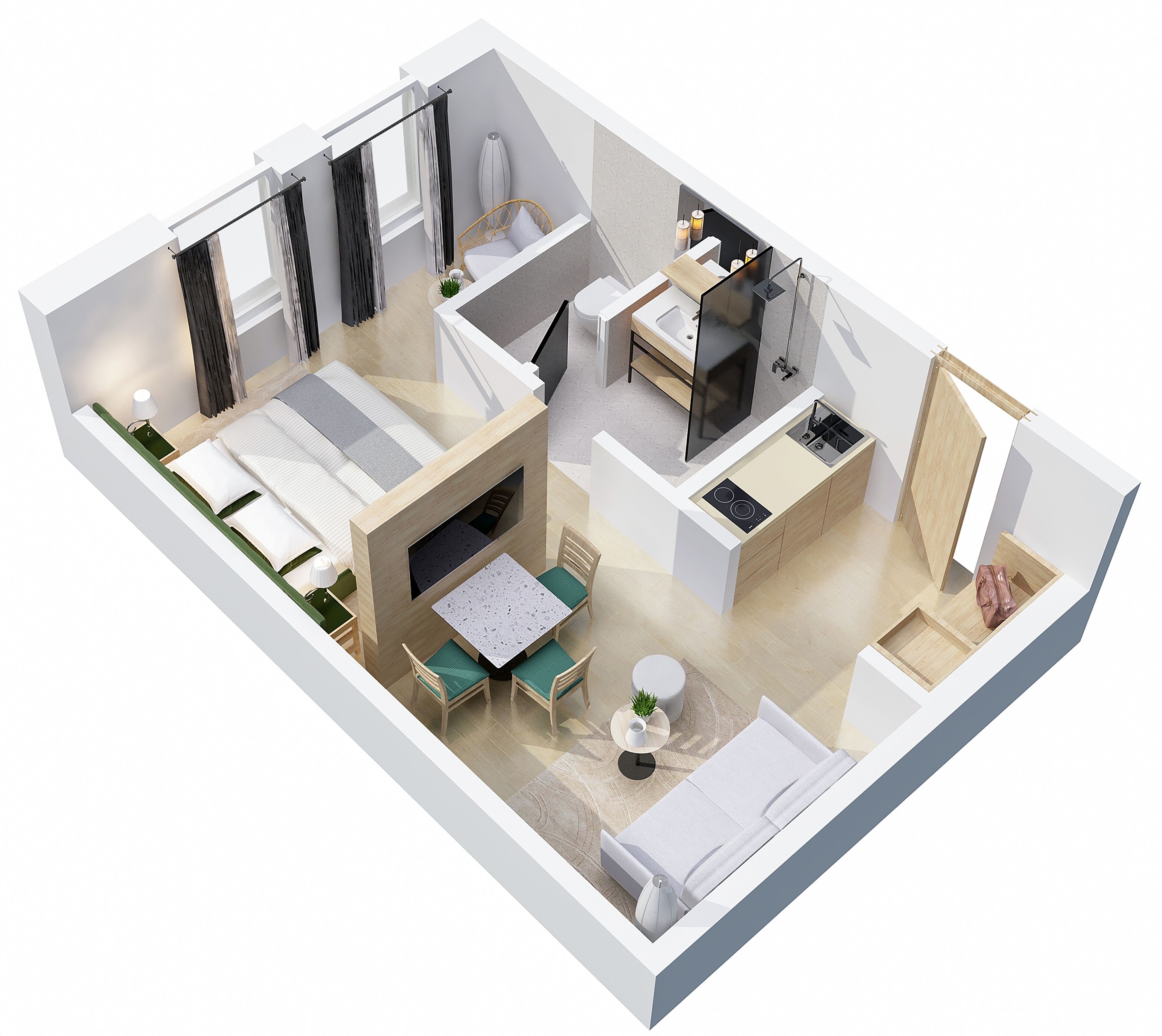 Une chambre d’hôtel moderne comprenant un lit, un coin salon avec une table et des chaises, une salle de bain séparée et une kitchenette.