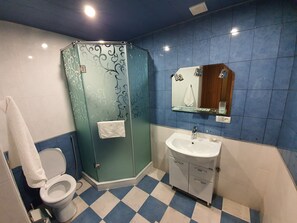 Une salle de bain comprenant des toilettes, un espace de douche vitré, un lavabo avec un miroir et un carrelage bleu et blanc à motifs carrés.